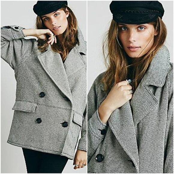 FREE PEOPLE oversized herringbone tweed black white double breasted pea coat XS - Picture 1 of 6
